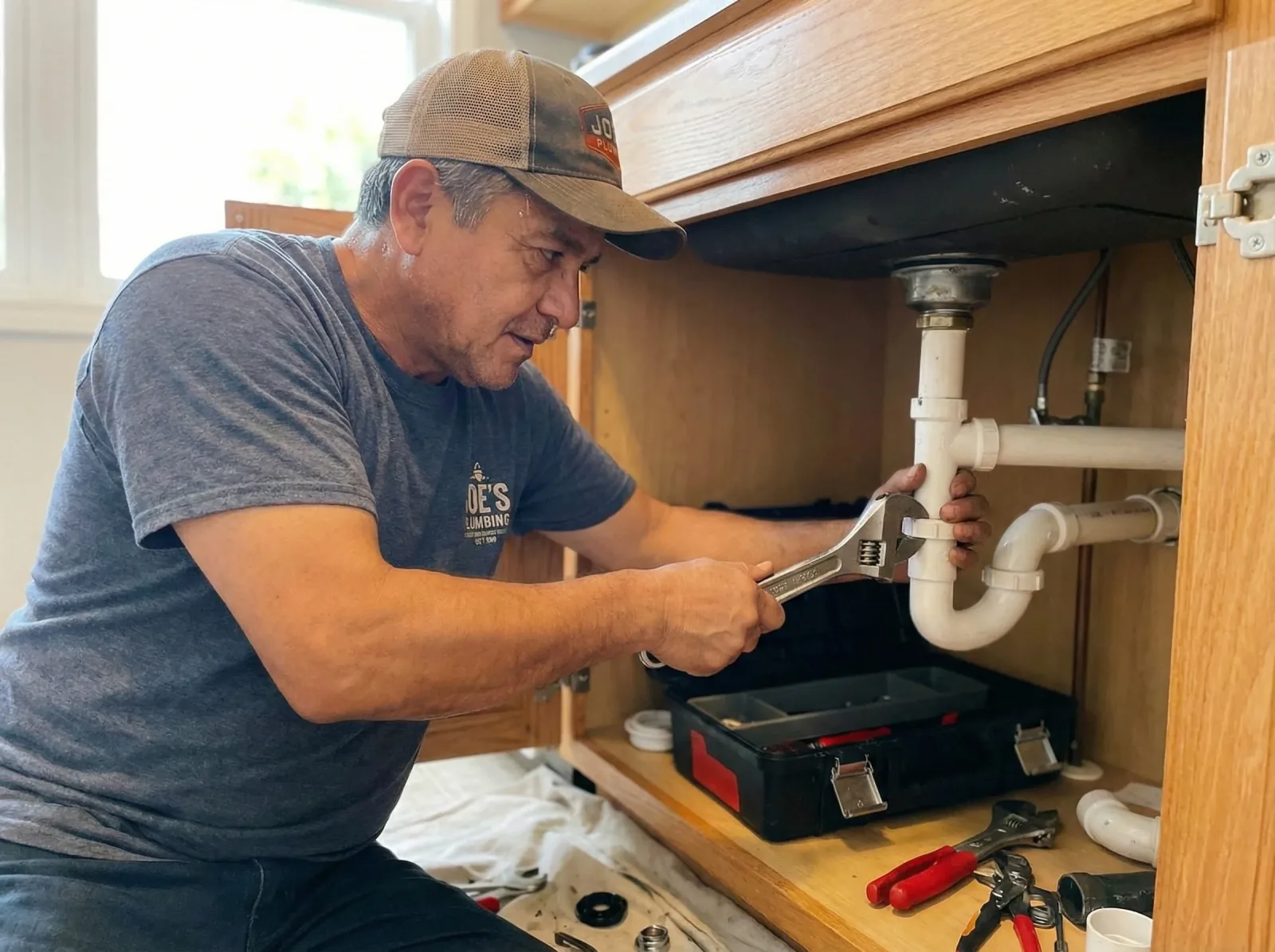 Concept image of a fictional plumber at a work van