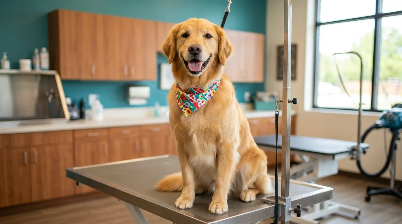 Concept image of a golden retriever wearing a bandana