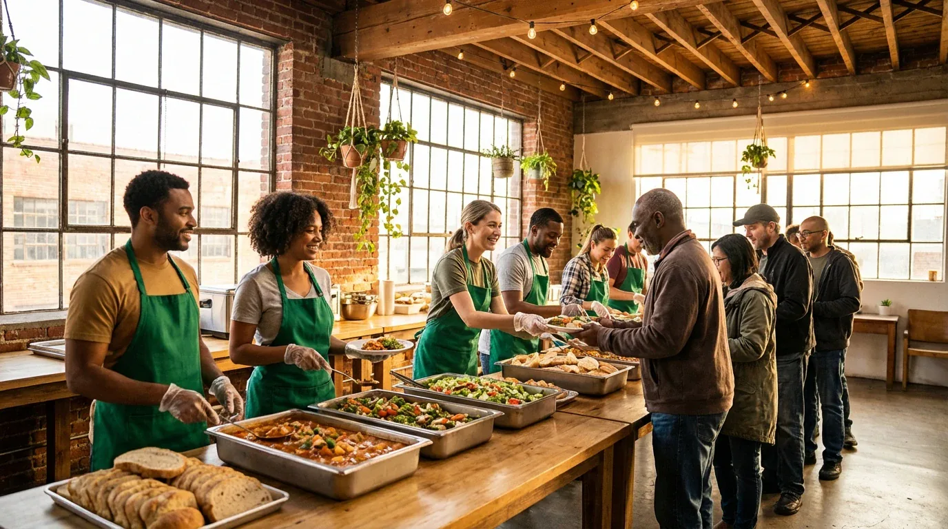Concept image of volunteers serving a community meal