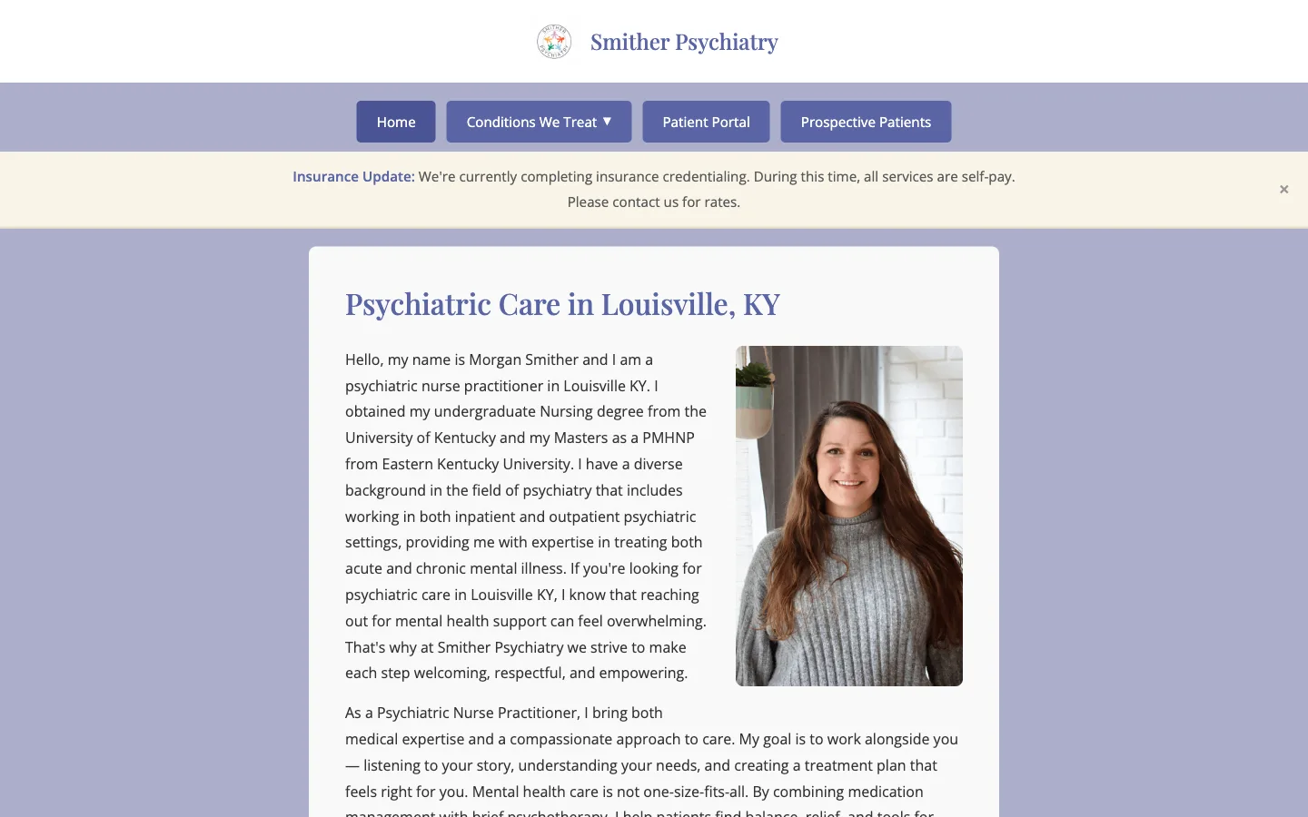 Smither Psychiatry old website - basic layout with wall of text