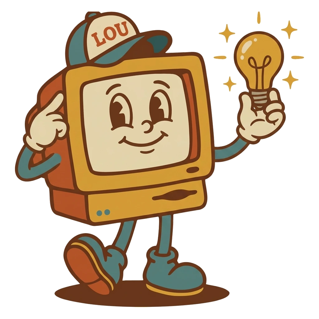 Lou holding a glowing lightbulb, a bright idea