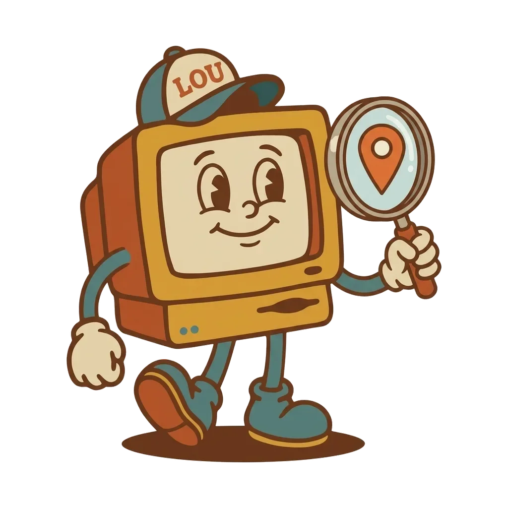 Lou holding a magnifying glass and a map pin