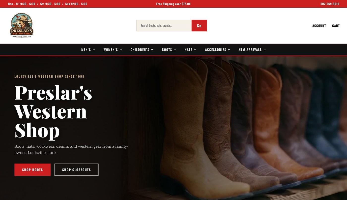 The Preslar's Western Shop website homepage showing boots, hats and western wear
